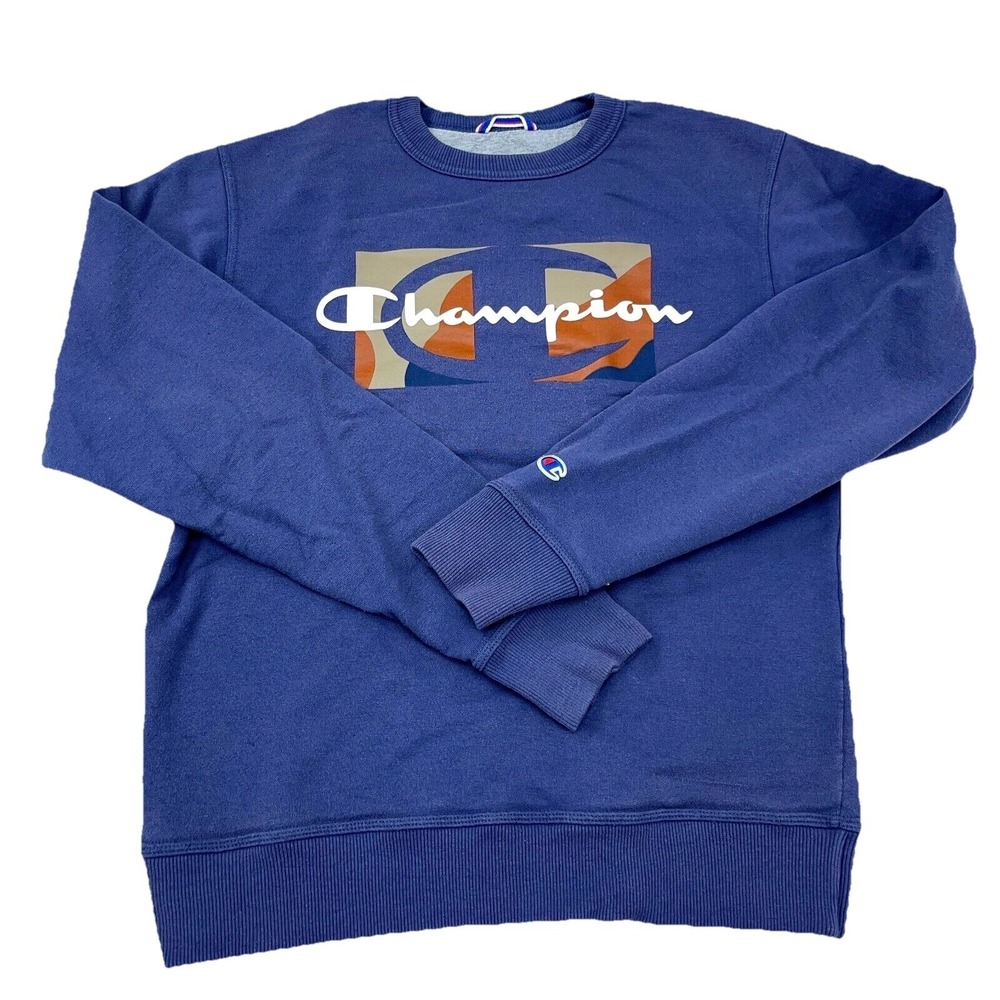 Champion Sweatshirt Men Small Blue Crew Neck Sweater Spell Out Logo Sport Retro
